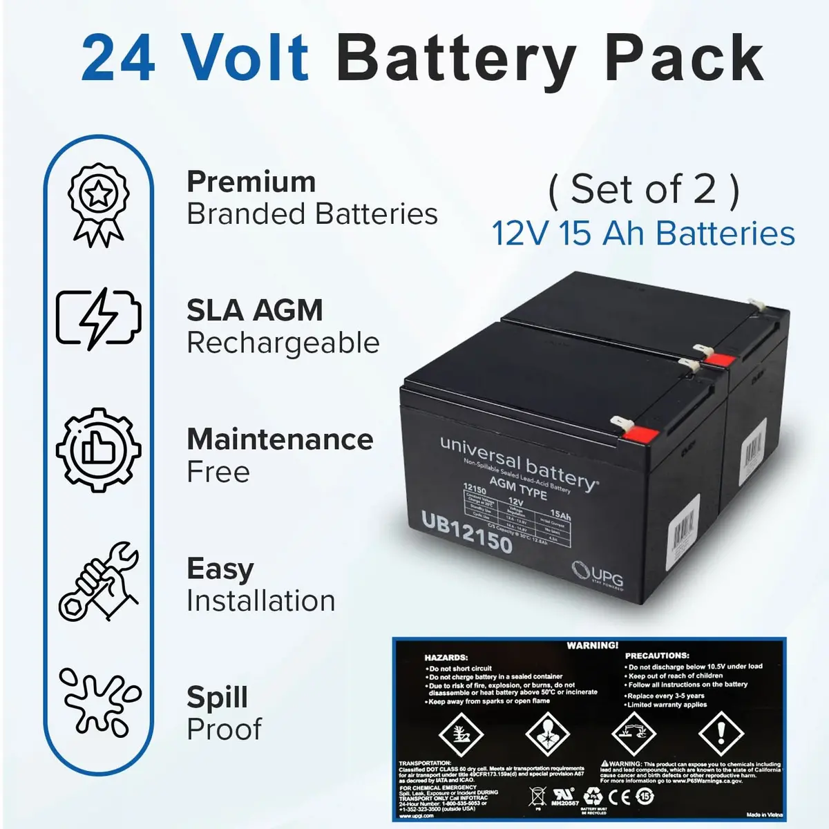 15 Ah 24 Volt (12 Ah Upgrade) Ub12150 Agm Mobility Scooter Battery Pack 2