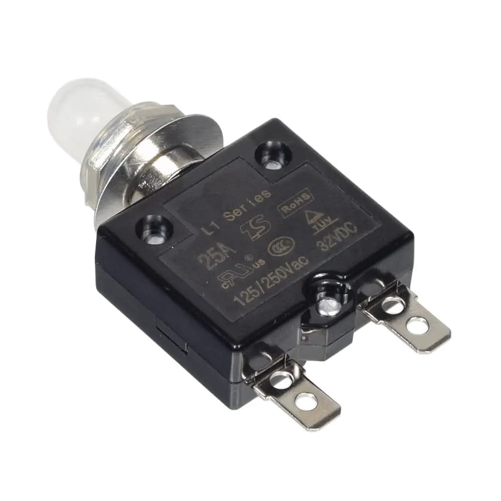 25 Amp (25A) 32Vdc 125/250Vac Push-Button Reset Circuit Breaker With 1/4" Tab Terminals 1
