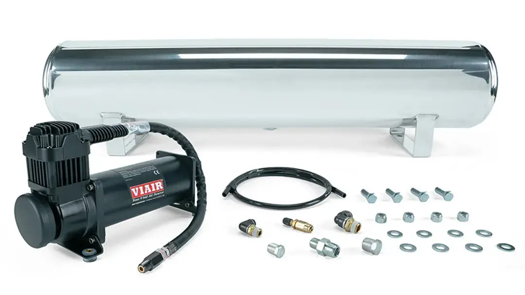 Air Lift Performance 4 Gal. Polished Tank W/ Viair 444C Black Compressor, 1/4" & 3/8" Fittings & Tank Mounting Hardware 1