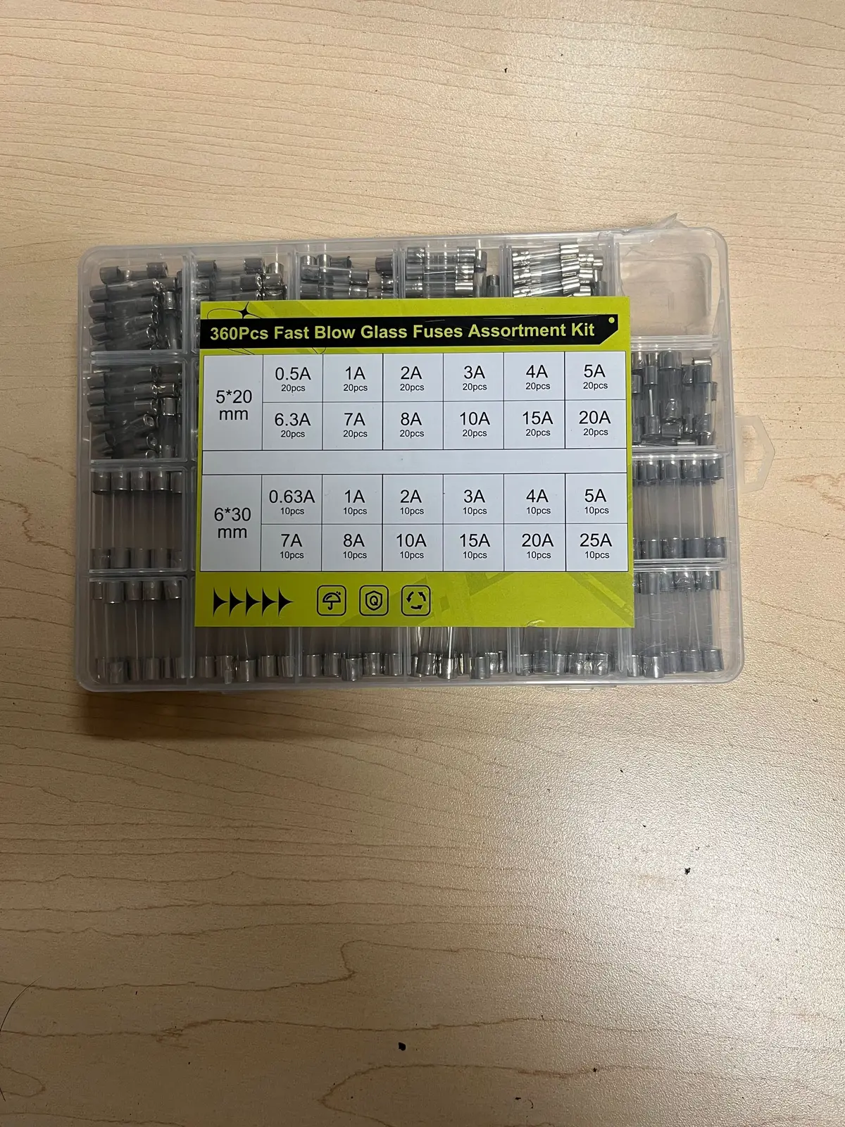 360 Piece Agc & Gma Glass Fuse Assortment Kit With 0.5A, 0.63A, 1A, 2A, 3A, 4A, 5A, 6.3A, 7A, 8A, 10A, 15A, 20A, And 25A Breaking Capacities (Missing Fuses) 2