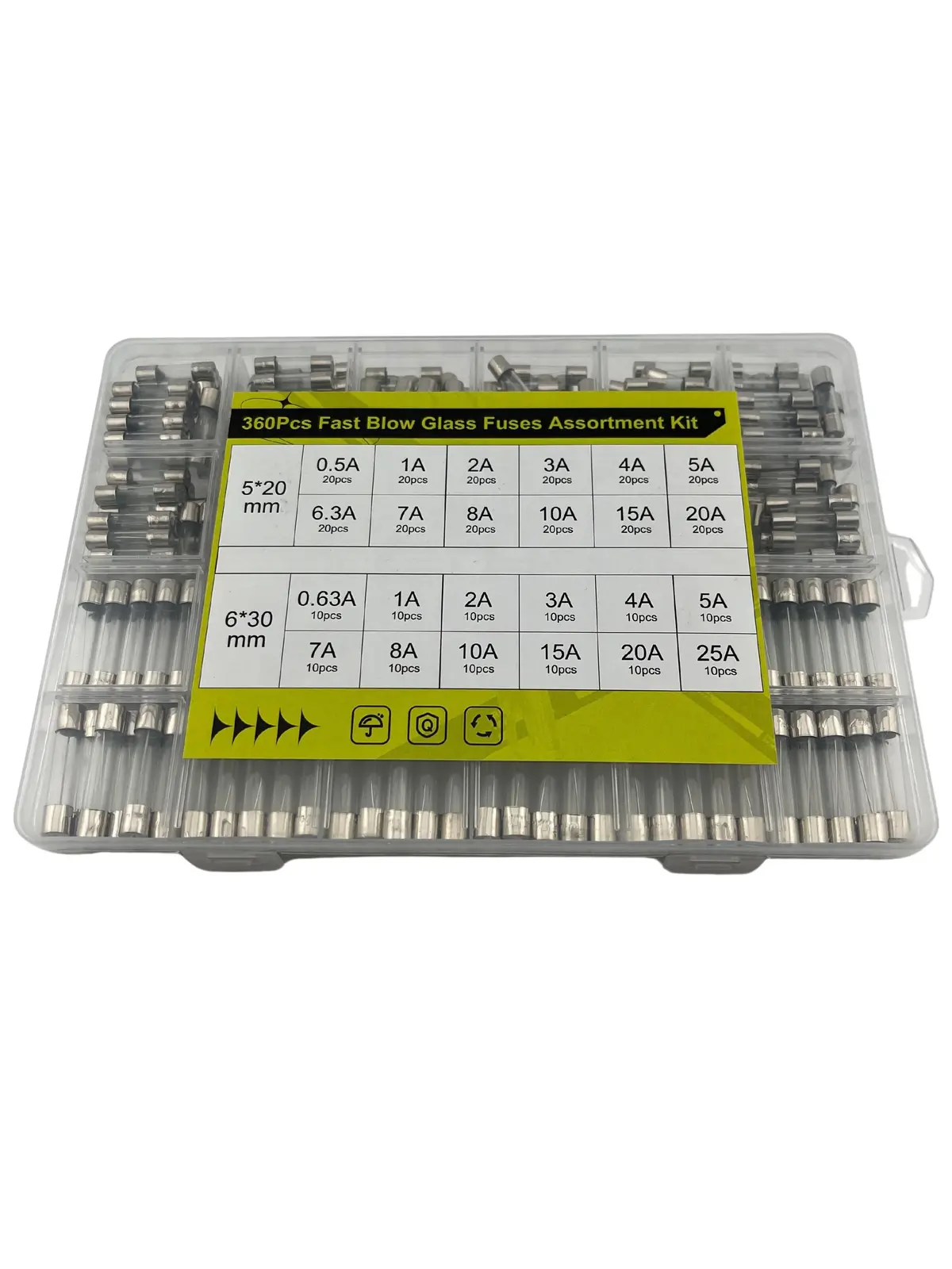 360 Piece Agc & Gma Glass Fuse Assortment Kit With 0.5A, 0.63A, 1A, 2A, 3A, 4A, 5A, 6.3A, 7A, 8A, 10A, 15A, 20A, And 25A Breaking Capacities 1