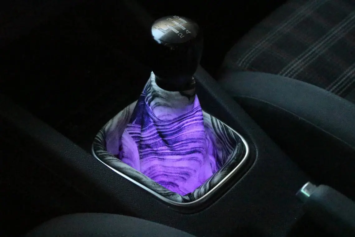 Led Bluetooth White Swirl Shift Boot, Brake Boot & Seat Belt Covers, Comes Custom Made Sized To Each Buyers Car Designed To Fit Universally 1