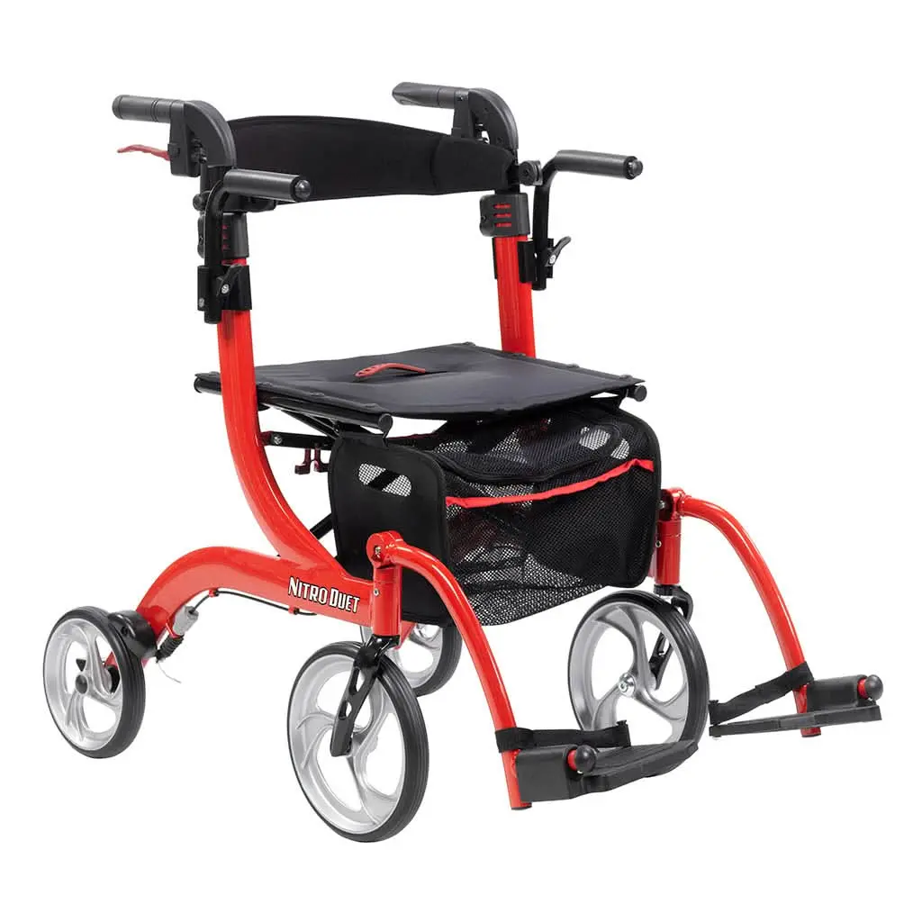 Nitro Duet Dual Function Transport Wheelchair And Rollator Rolling Walker, Red 1