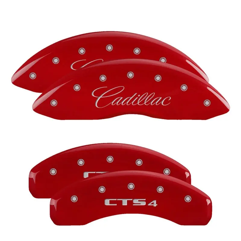 Mgp Engraved 4-Piston Caliper Covers – Front: Cursive Script, Rear: Cadillac Logo; Red Finish With Silver Accent 1