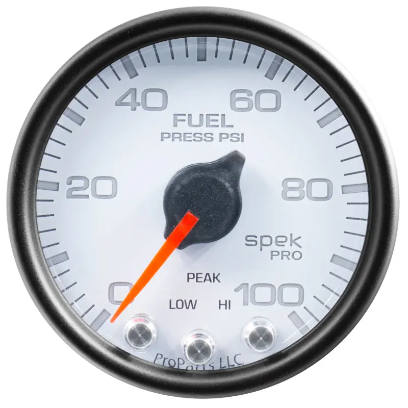 Autometer Spek-Pro Fuel Pressure Gauge – 2-1/16", 100 Psi, Stepper Motor, White/Black Dial With Peak Hold & Warning 1