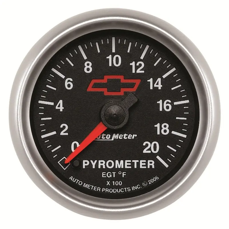 Autometer 2-1/16" Egt Pyrometer Gauge – 2000°F Range, Stepper Motor, Chevy Red Bowtie Face, Black Bezel 1
